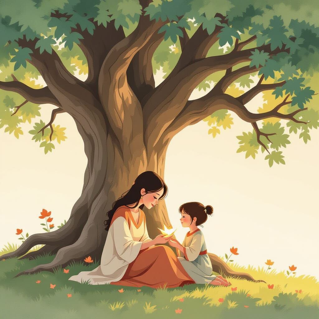 Mother and Child in Watercolor Under Ancient Oak Tree