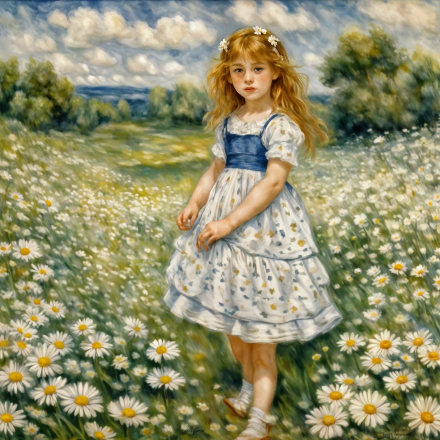 Girl in Daisy Field: Impressionistic Whimsy