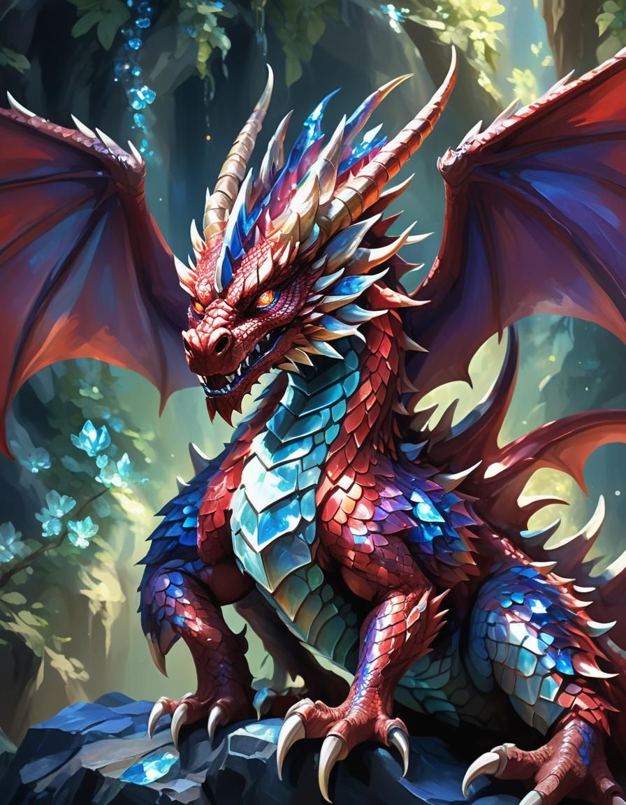 Divine Red Dragon with Crystal Wings: Digital Oil Painting