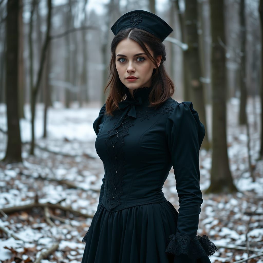 Victorian Gothic Nurse in Snowy Woods