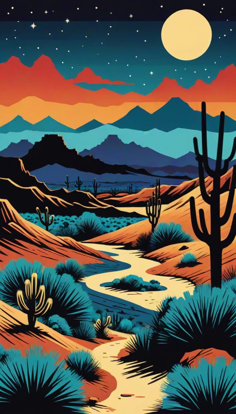 A woodblock cut style desert scene at night
