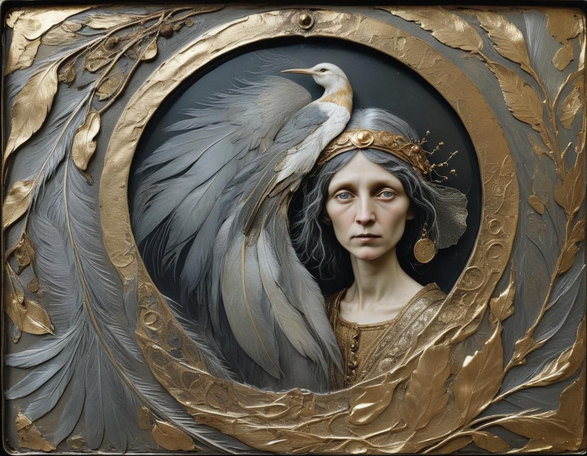 Ornate Feathered Crone Icon in Tintype Style