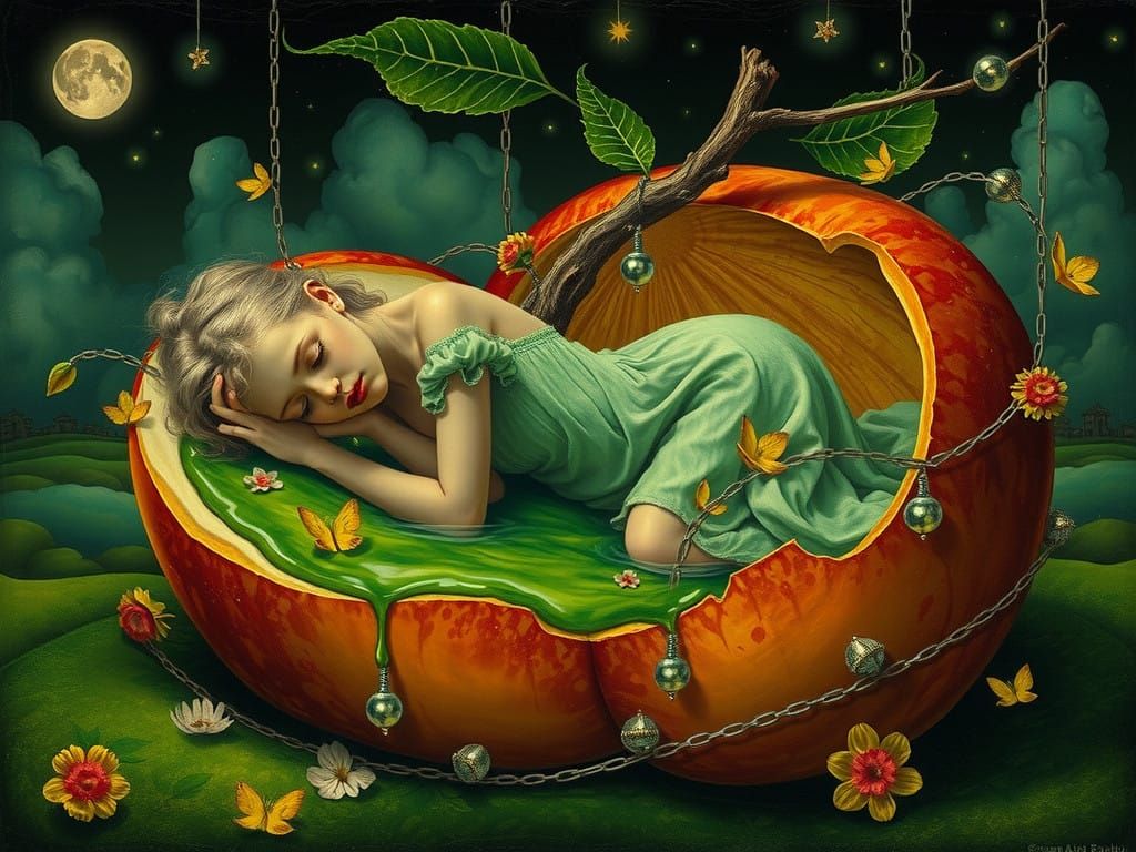 Surreal Sleeping Beauty in Poisoned Apple Dreamscape