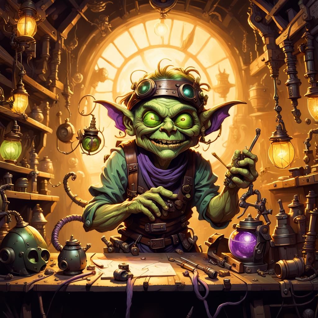 Green Goblin Inventor in Workshop, Dark Fantasy Concept Art