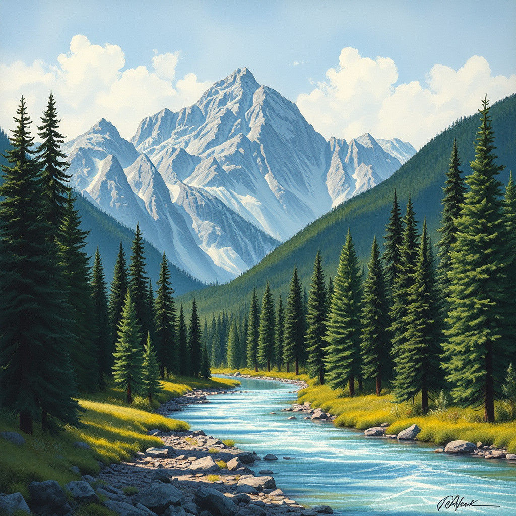 Gouache Painting of Mountain River Landscape