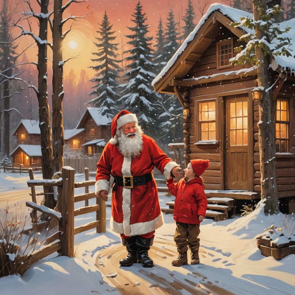 Warm Winter Scene of Santa Claus and Child in Cozy Cabin