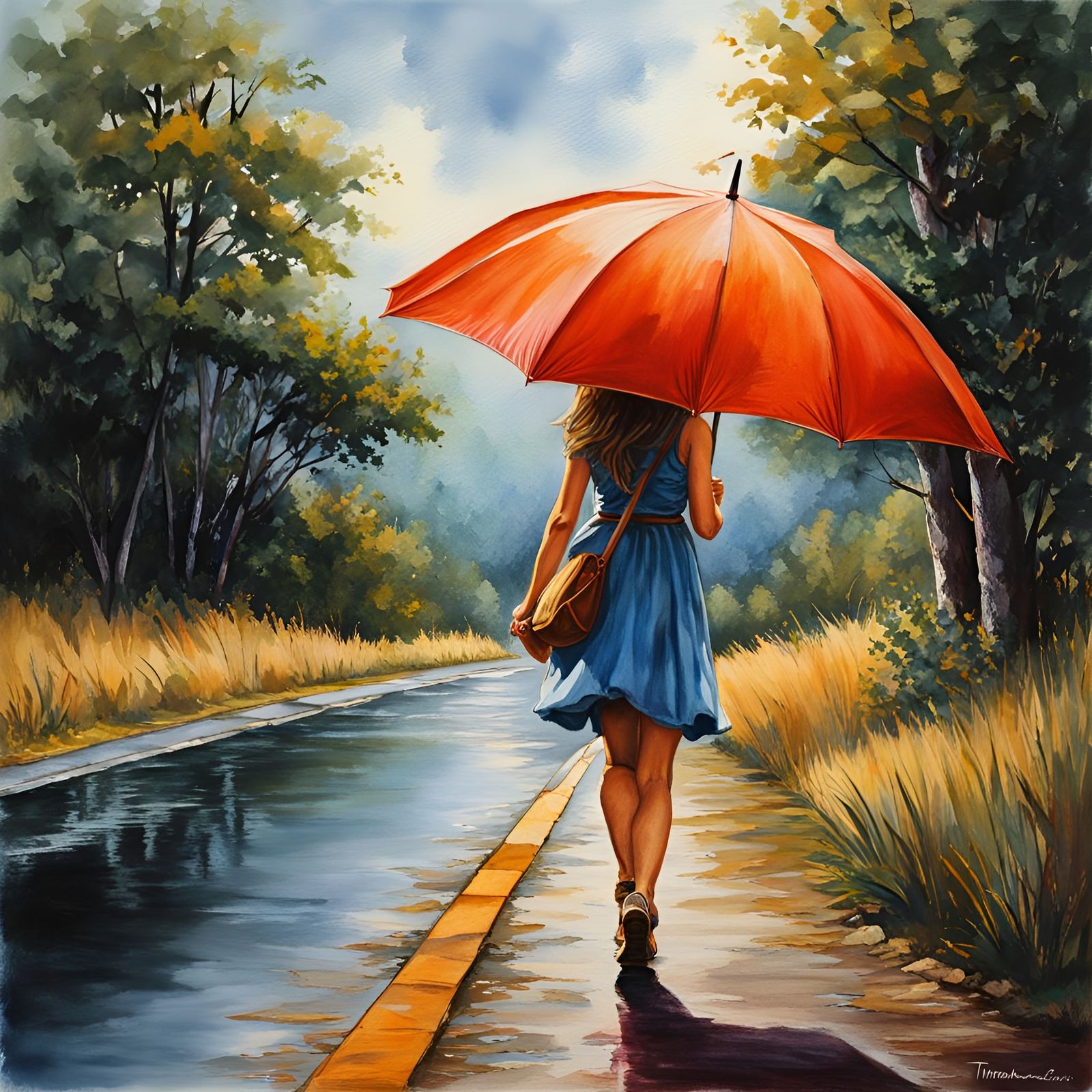 Hitchhiking Girl in Retro Polychromatic Watercolor