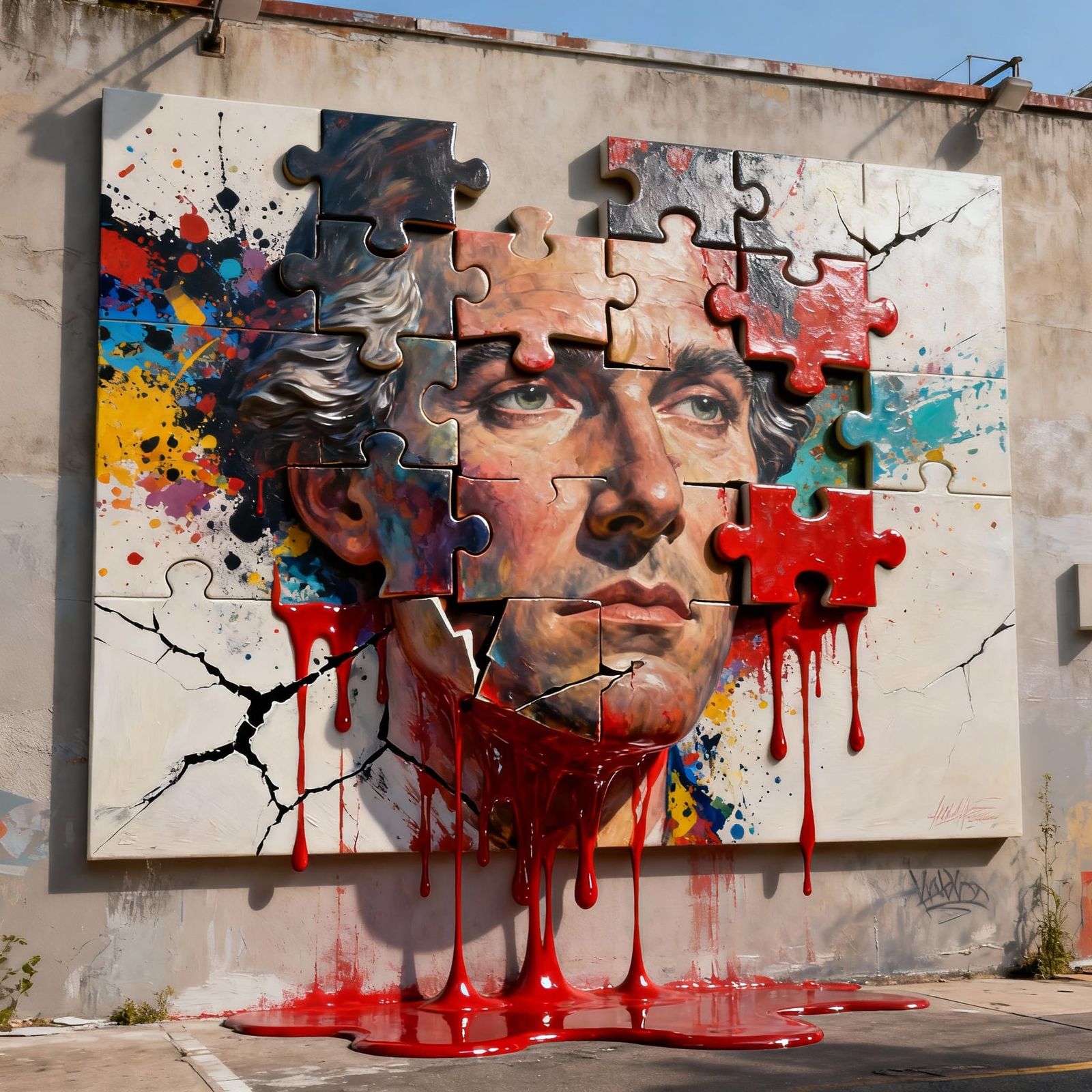 Surreal Face Puzzle with Dripping Red Fluid and Street Art S...