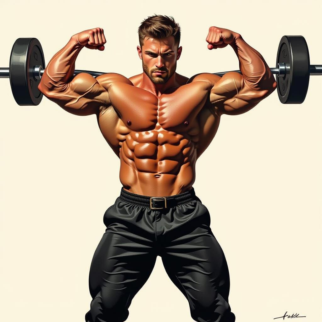 Muscular Bodybuilder Flexes Biceps in Dramatic Realism