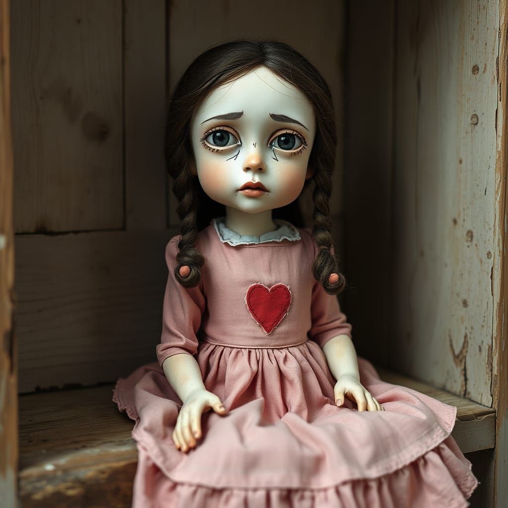 Art Brut Porcelain Doll in Pink Dress with Heart Patch