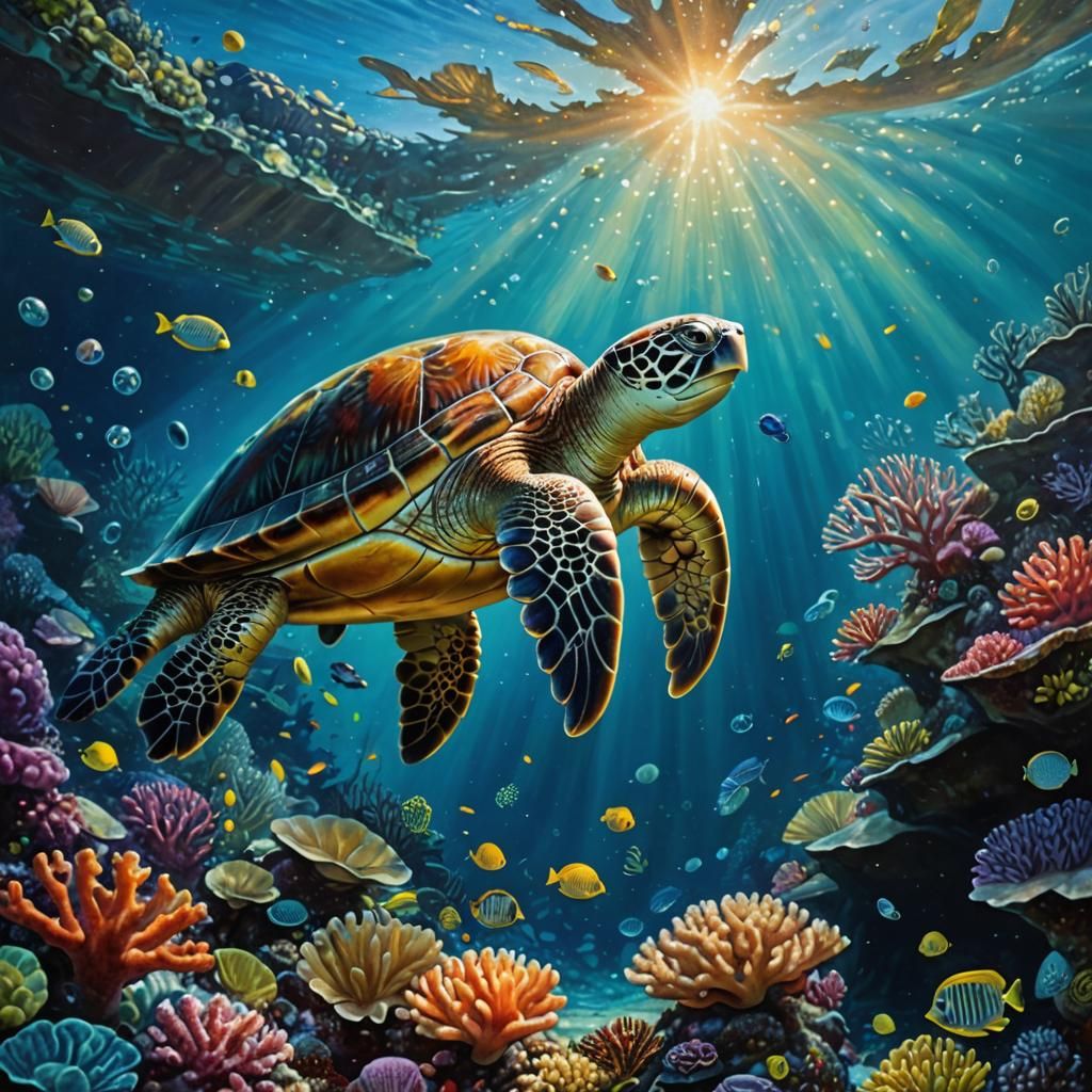 Giant Sea Turtle Underwater in Oil Painting Style