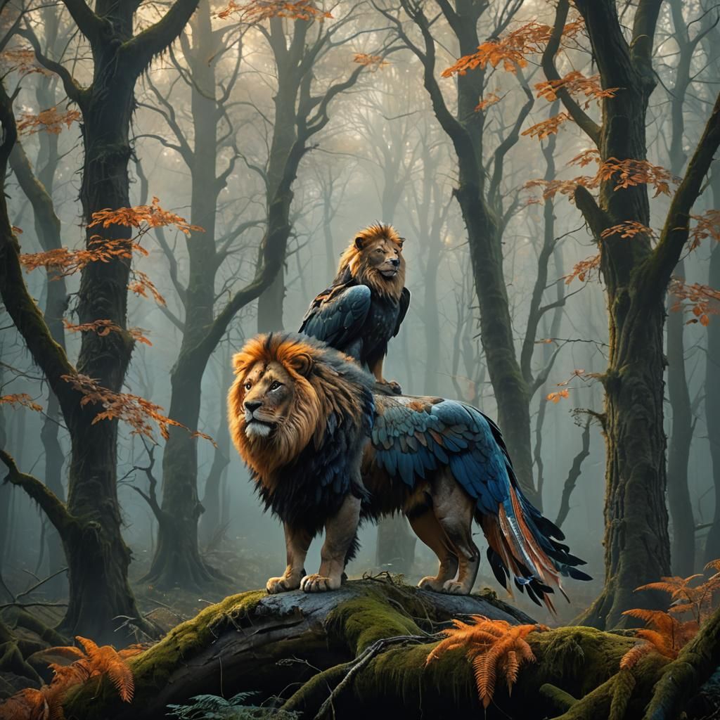 Majestic Griffin in Misty Forest: Fantasy Concept Art