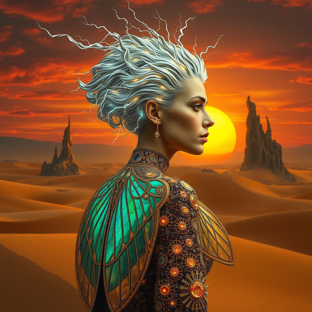 Cyberpunk Woman with Lightning Hair in Desert Sunset
