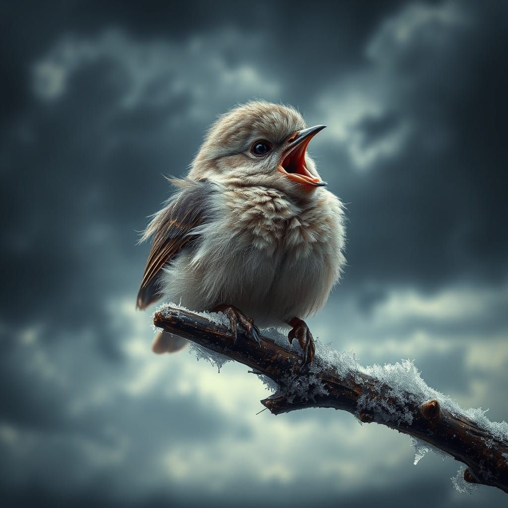Vulnerable Baby Bird in Frosty Stormy Landscape
