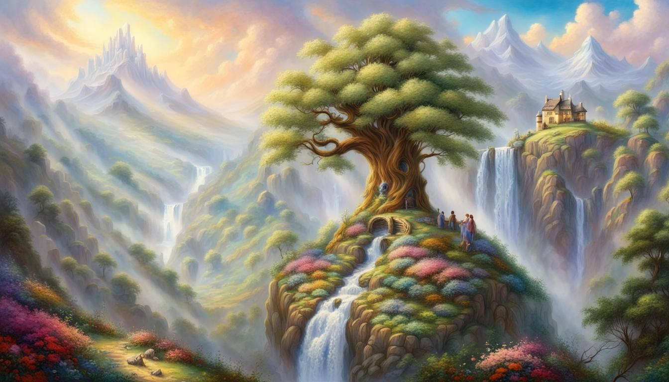 Magical Tree on Mountain with Waterfall in Fantasy Style