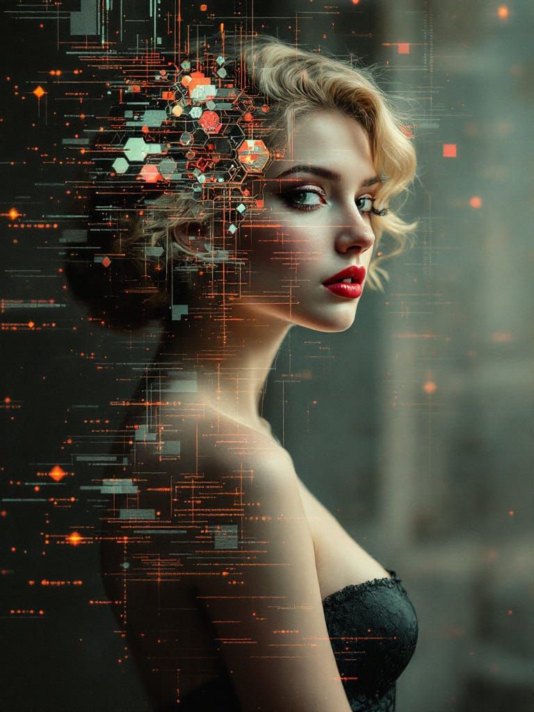 Digital Glitch Art: Pin-Up Woman with Data Streams