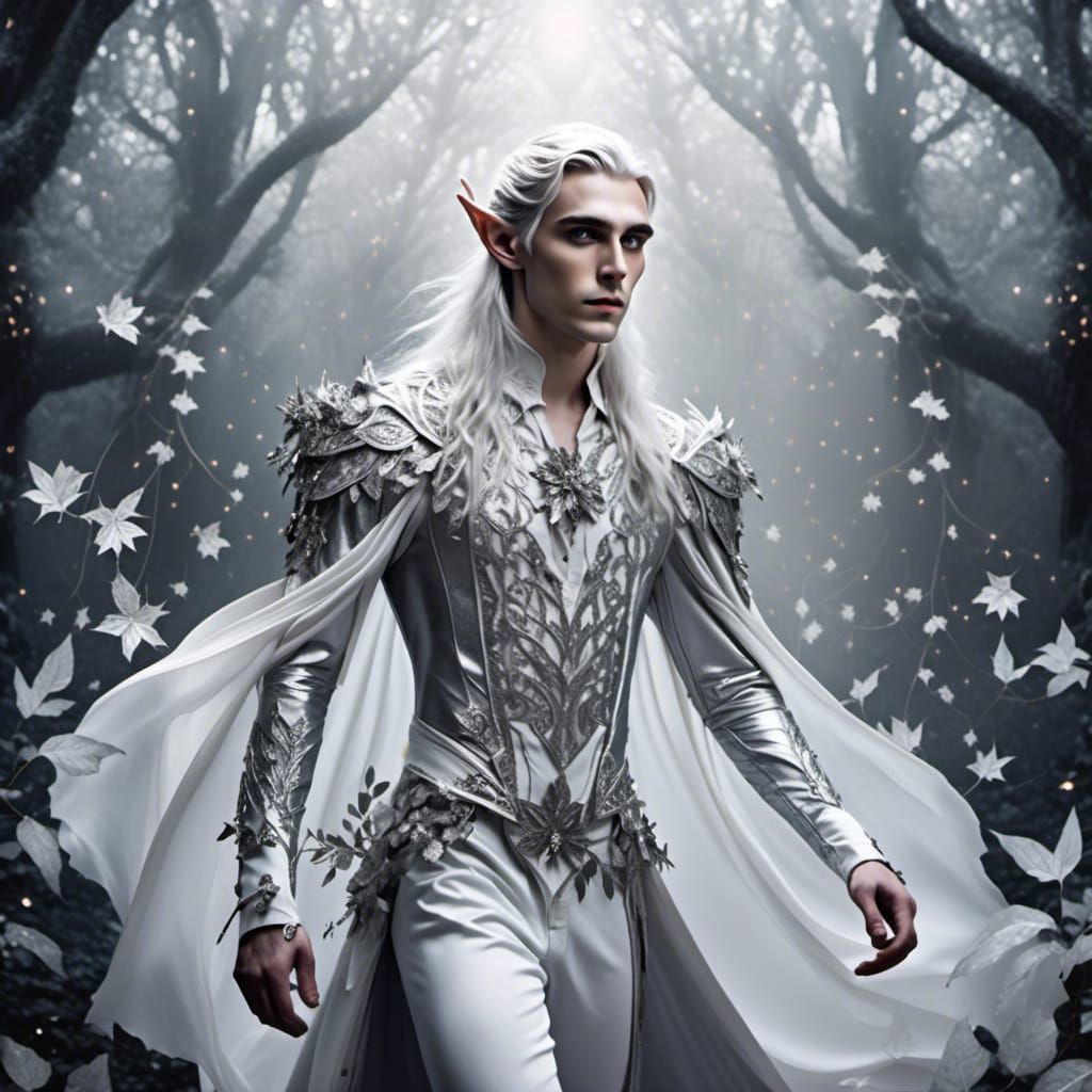 Enchanted Silver Forest with Elf in Fantasy Style