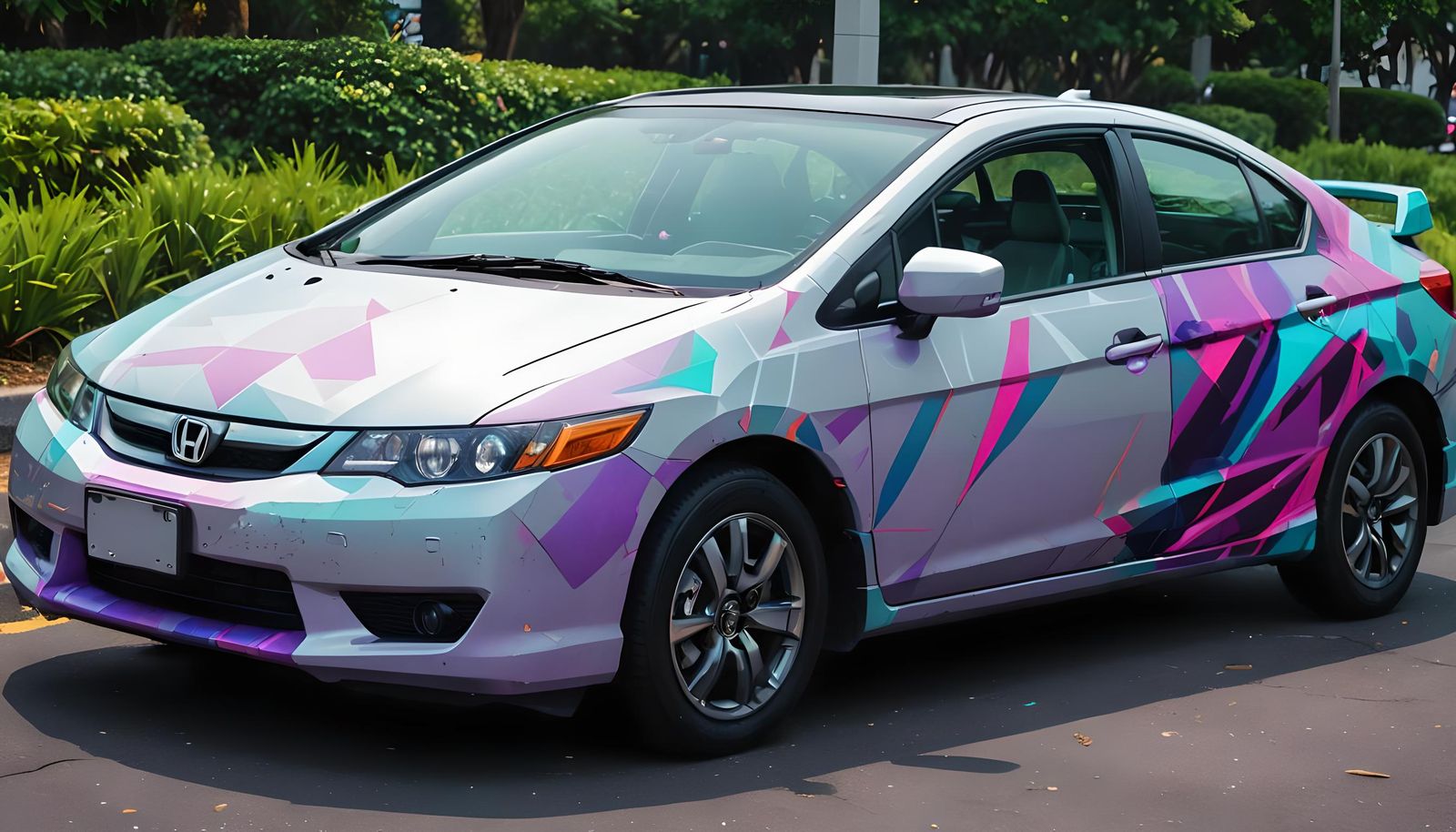 Vaporwave Honda Civic with Geometric Grid Design