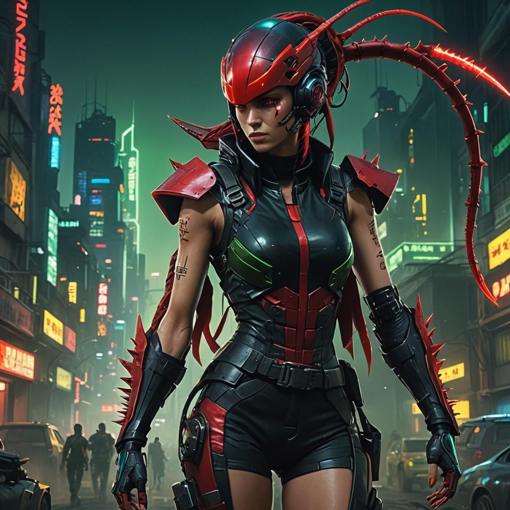 Scorpion Woman in Cyberpunk Style near Fortress