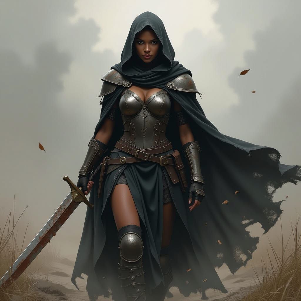 African Warrior Woman with Sword in Dark Setting