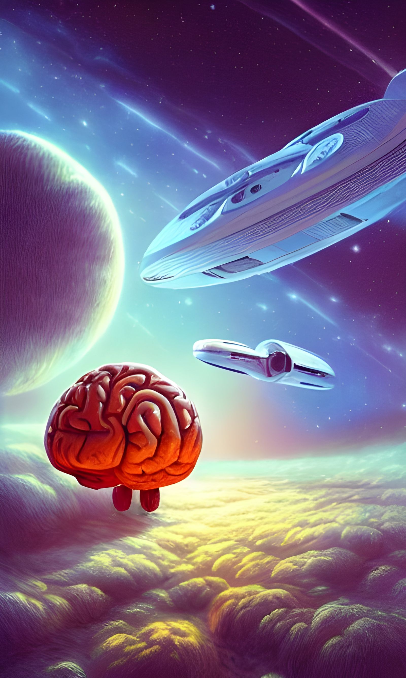 Giant Brain and Spaceship in Surreal Sci-Fi Art