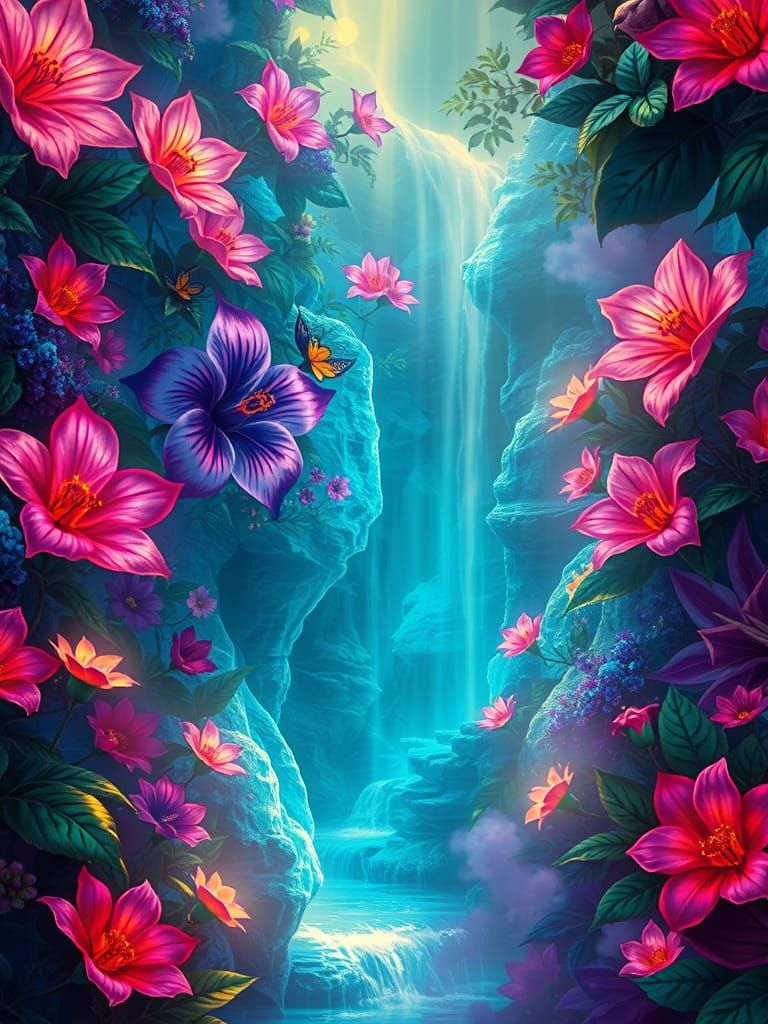Neon Flower Garden with Bioluminescent Details