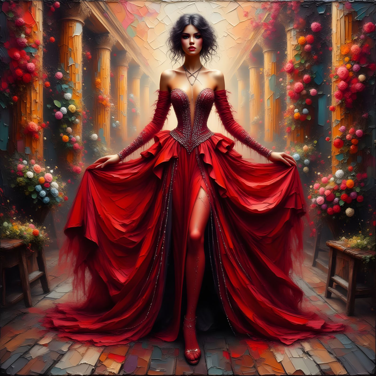 Regal Woman in Crimson Gown, Fantasy Painting