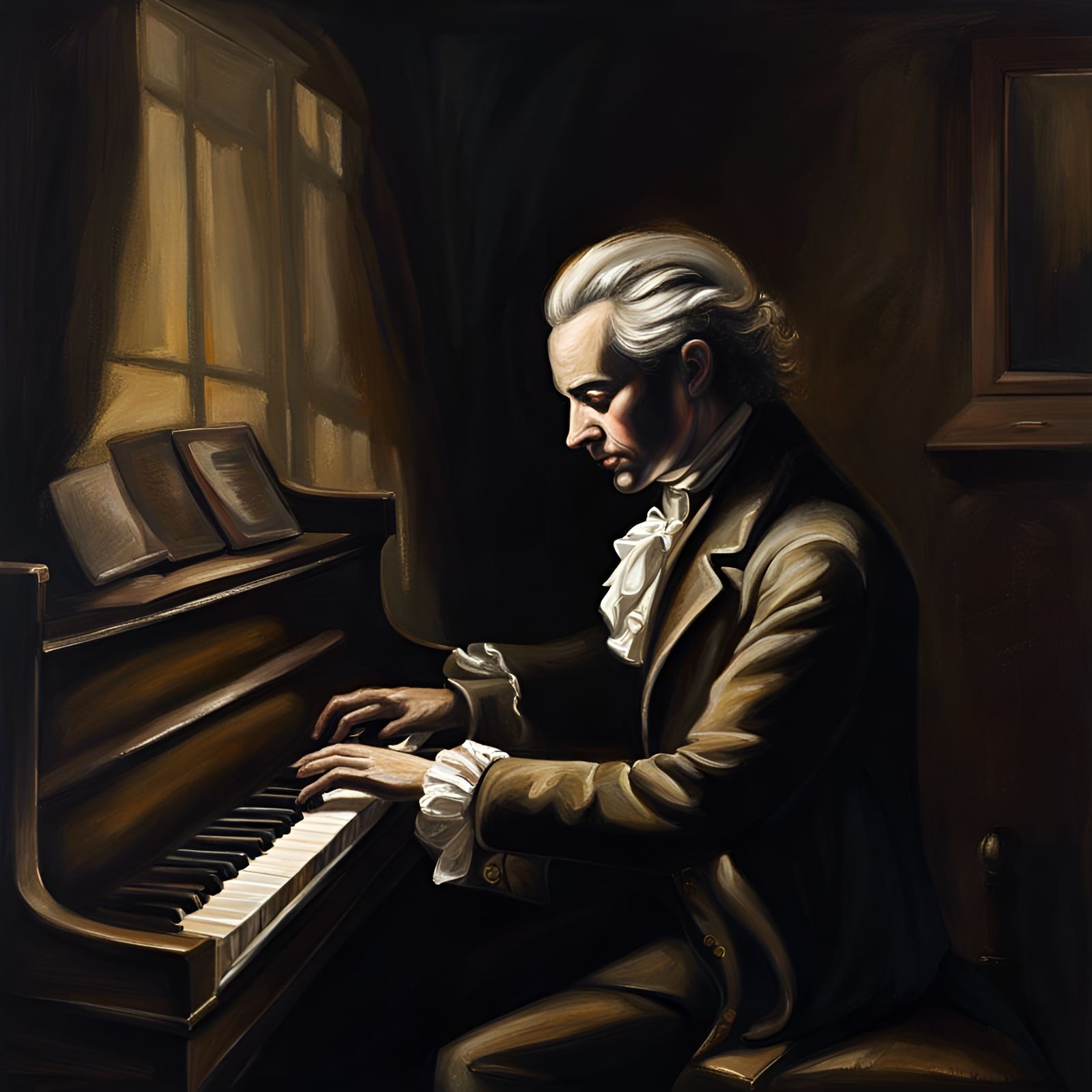 Eerie Oil Painting of Mozart in Shadows