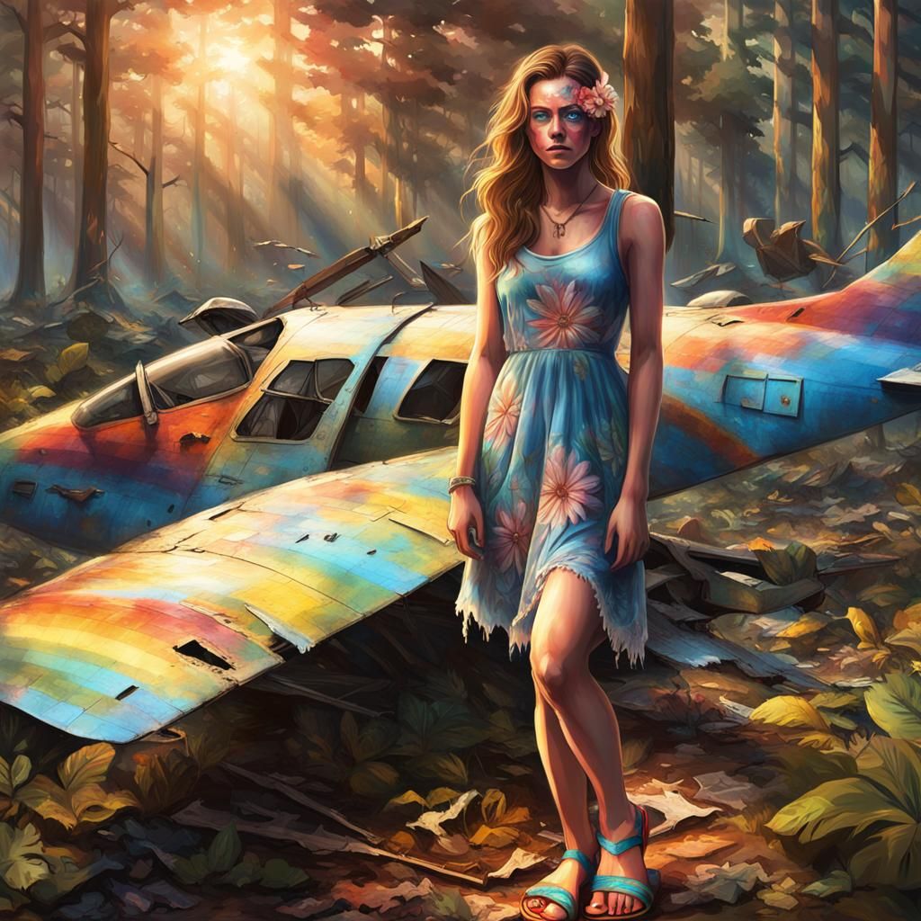 Teenager at Plane Crash Site, Hyperrealistic Splash Art
