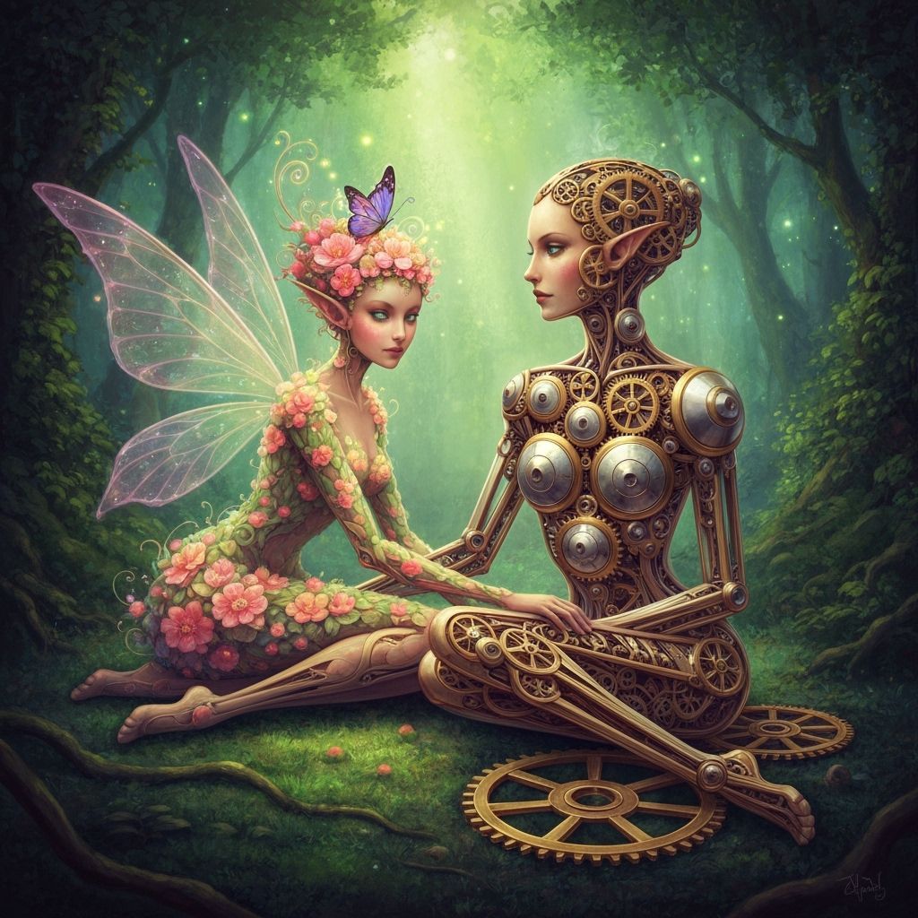Fantasy Fairy and Clockwork Woman in Enchanted Forest