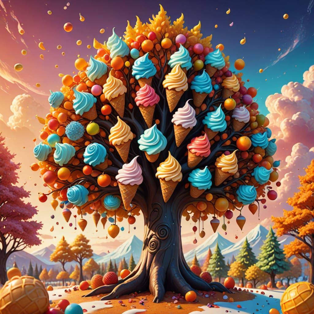 Fantasy Tree with Ice Cream Fruits: Whimsical Concept Art