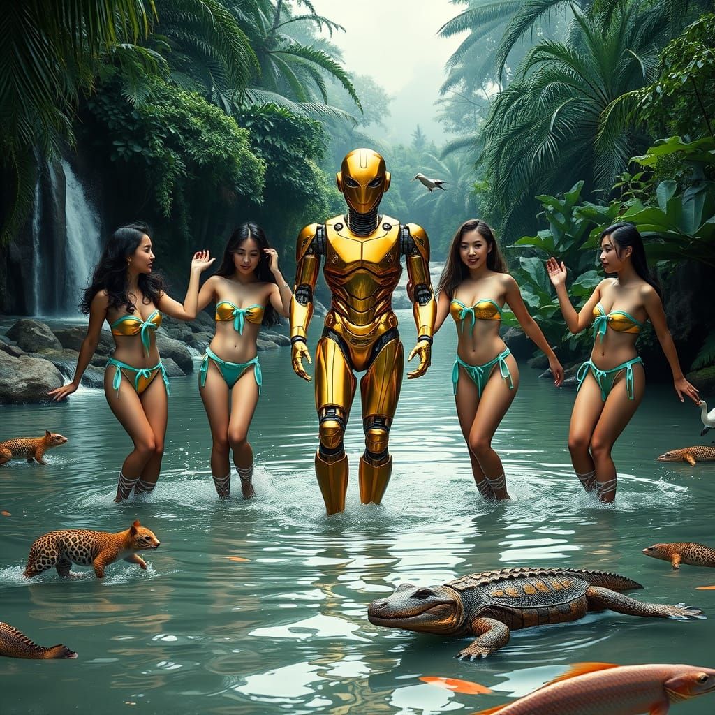 Young Women and Golden Robot Dance in Shallow Lake Water Ami...