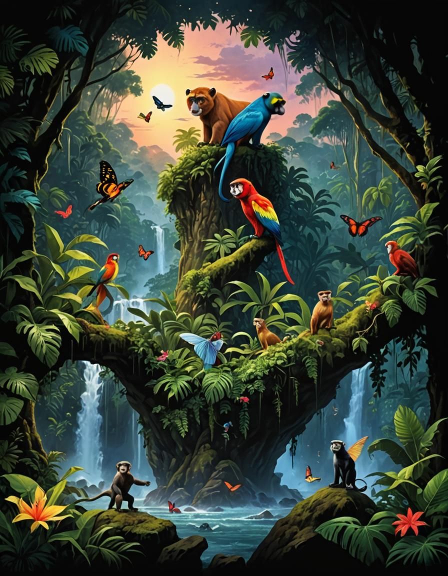 Panther in Vivid Rainforest Scene at Sunset