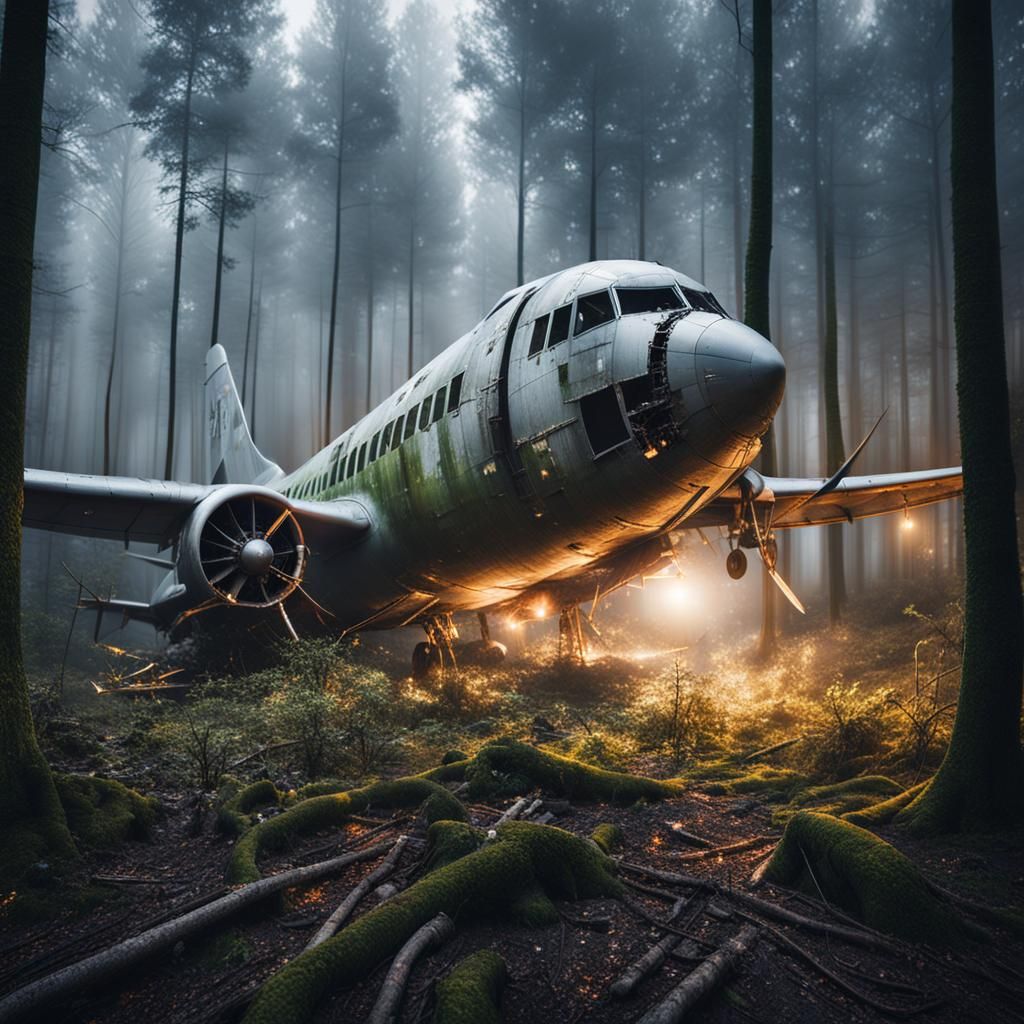 Crashed Plane in Misty Forest: Professional Photography
