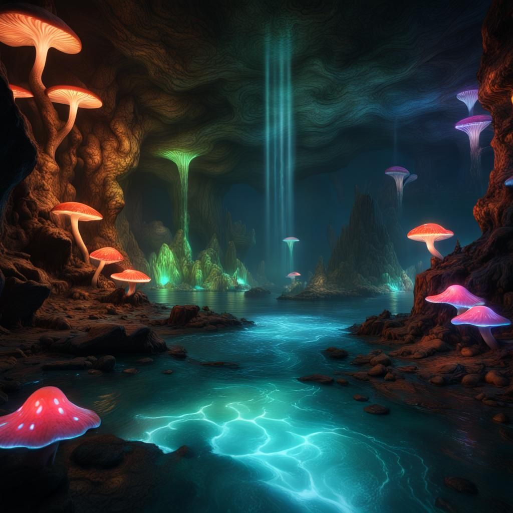 Glowing Mushrooms in a Fantasy Cavern