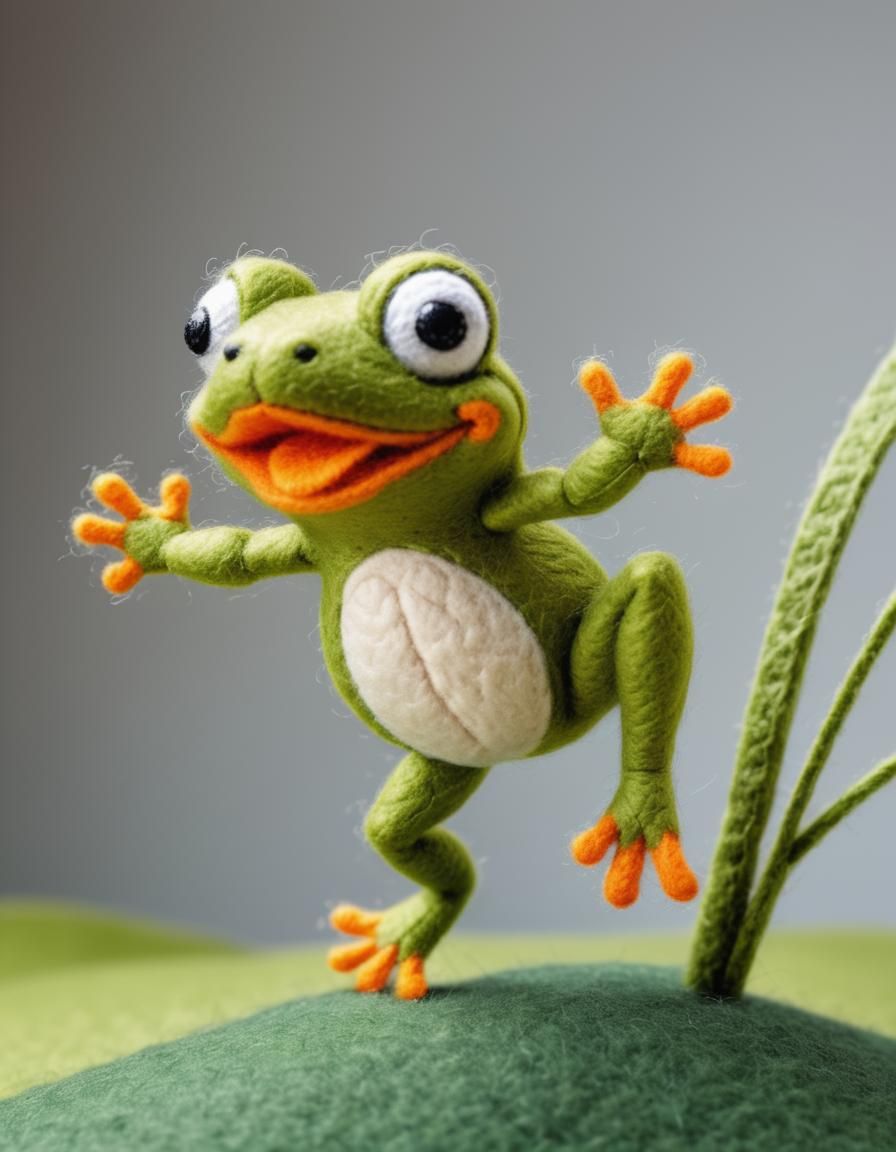 Felt Style Cartoon of a Jumping Frog