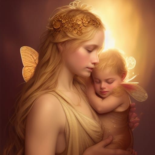 Golden-Haired Fairy with Baby Portrait