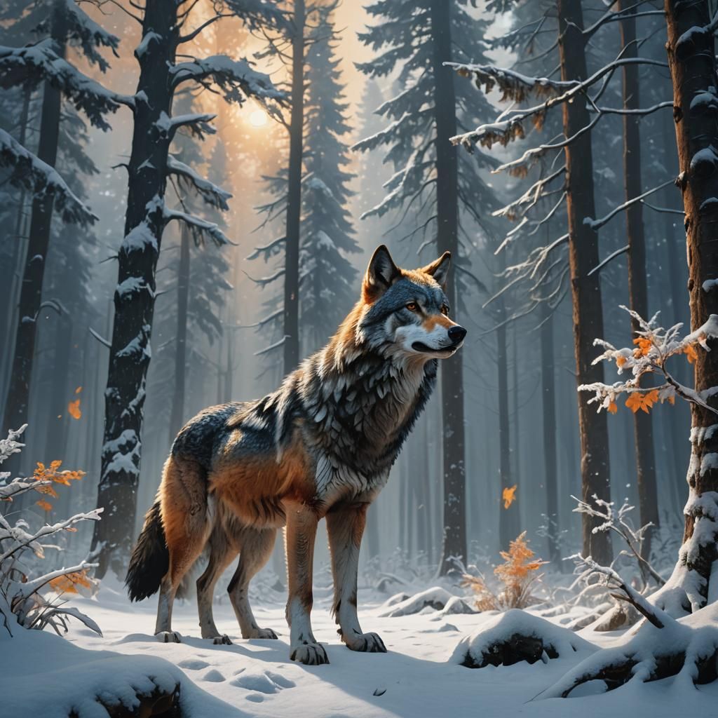 Wolf in Snowy Forest: Digital Fantasy Concept Art