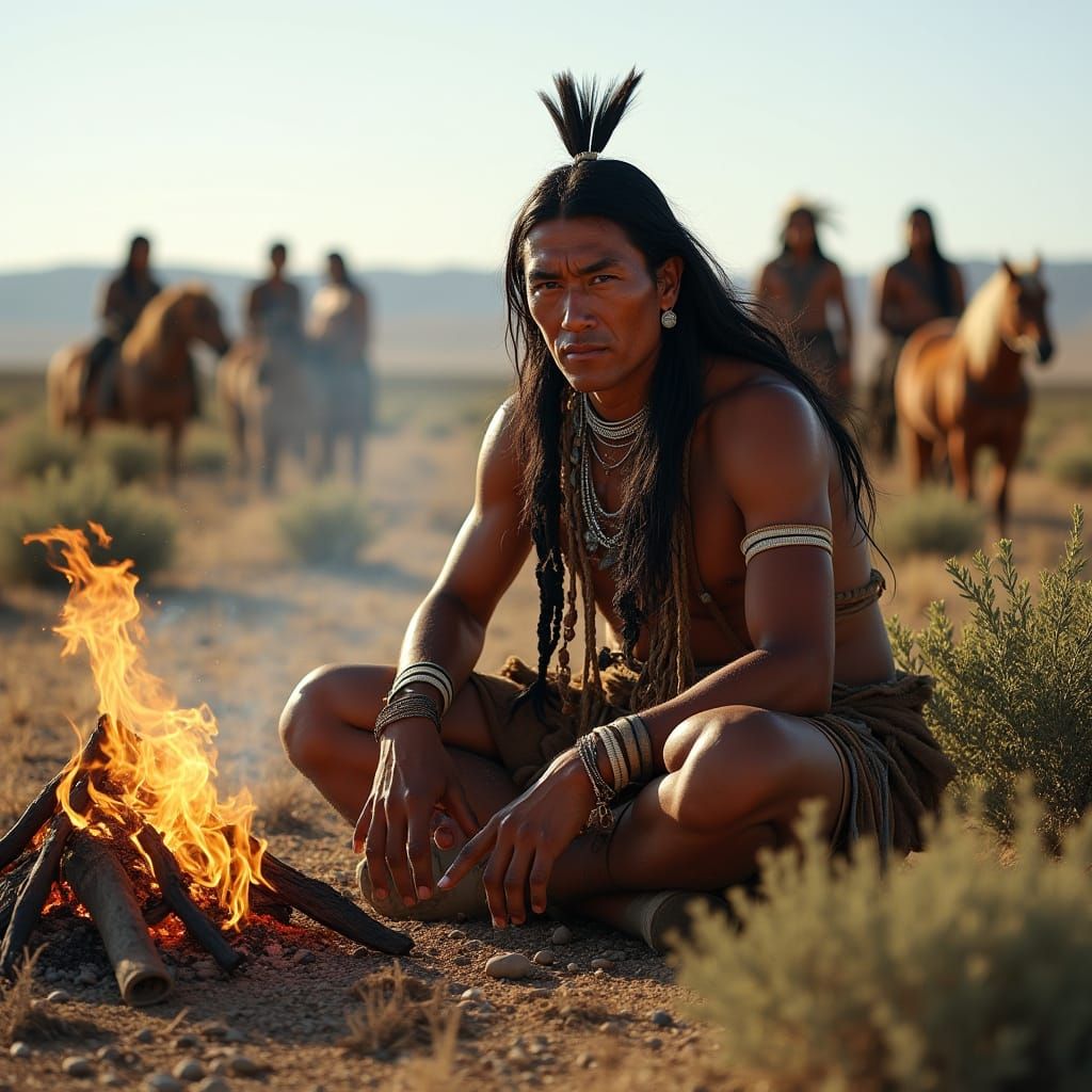 Native American Man Beside Campfire in Badlands