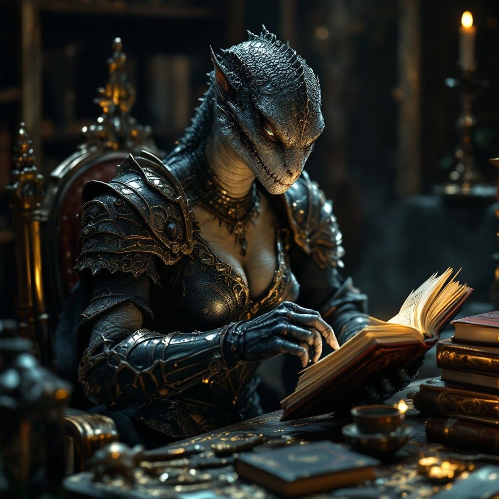 Elegant Argonian Maid Reads Leather Bound Tome