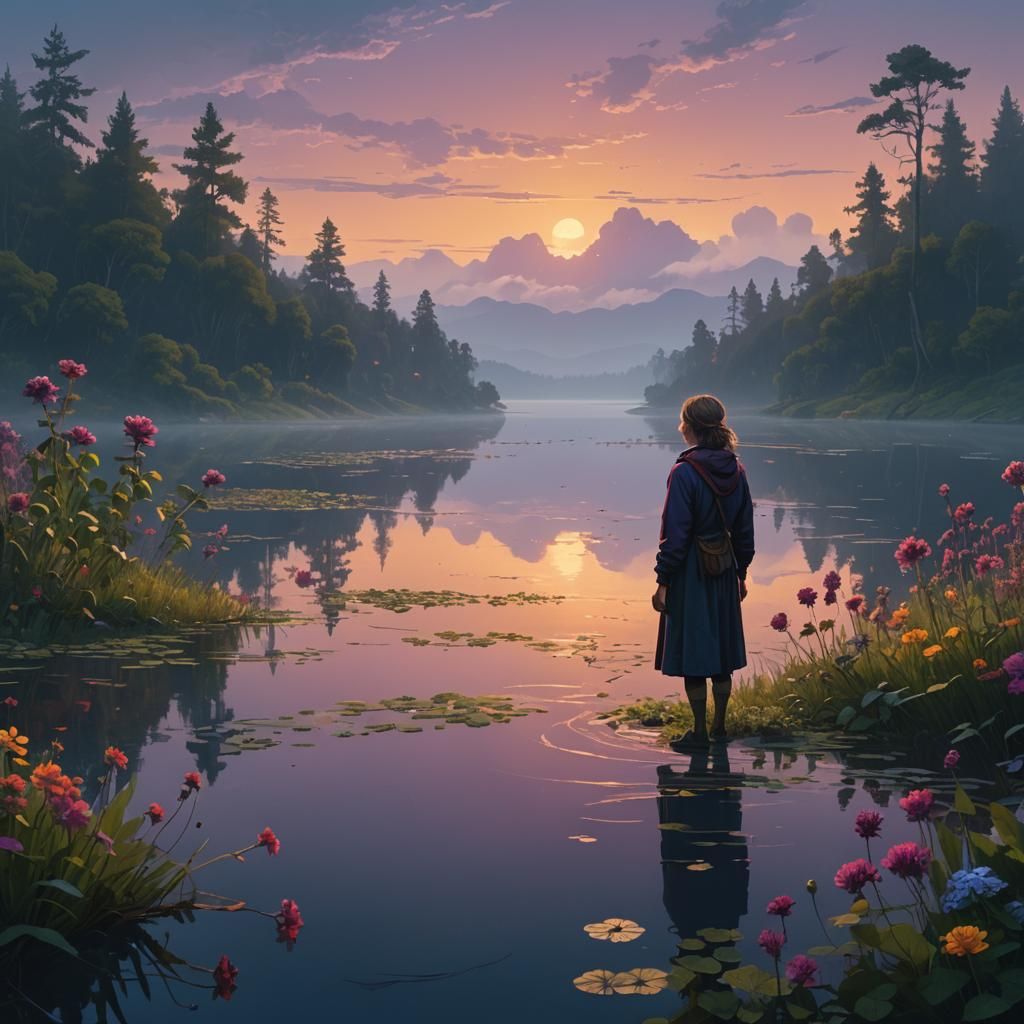 Misty Lake Woman: Matte Painting in Ash Thorp Style