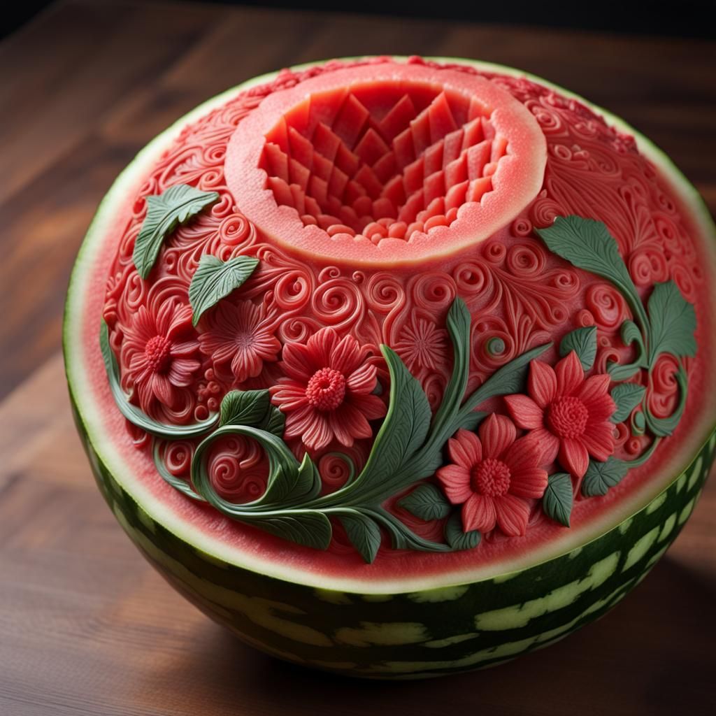 Intricate Red Watermelon Carving