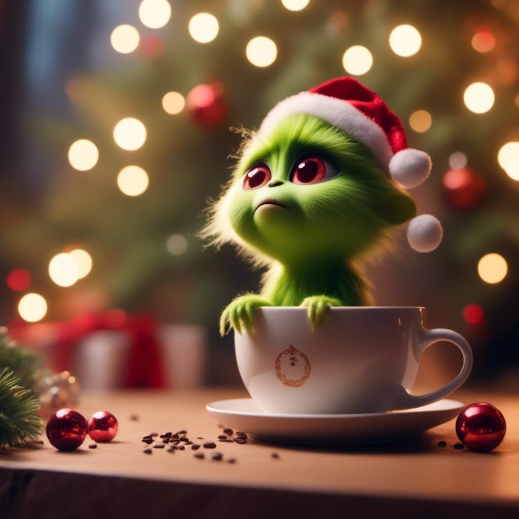 Baby Grinch in Coffee Cup by Christmas Tree