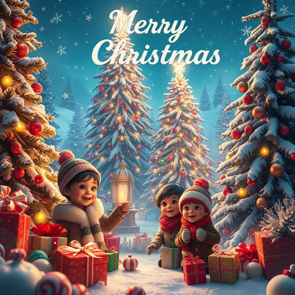 Merry Whimsical Winter Wonderland Scene with Kids and Majest...