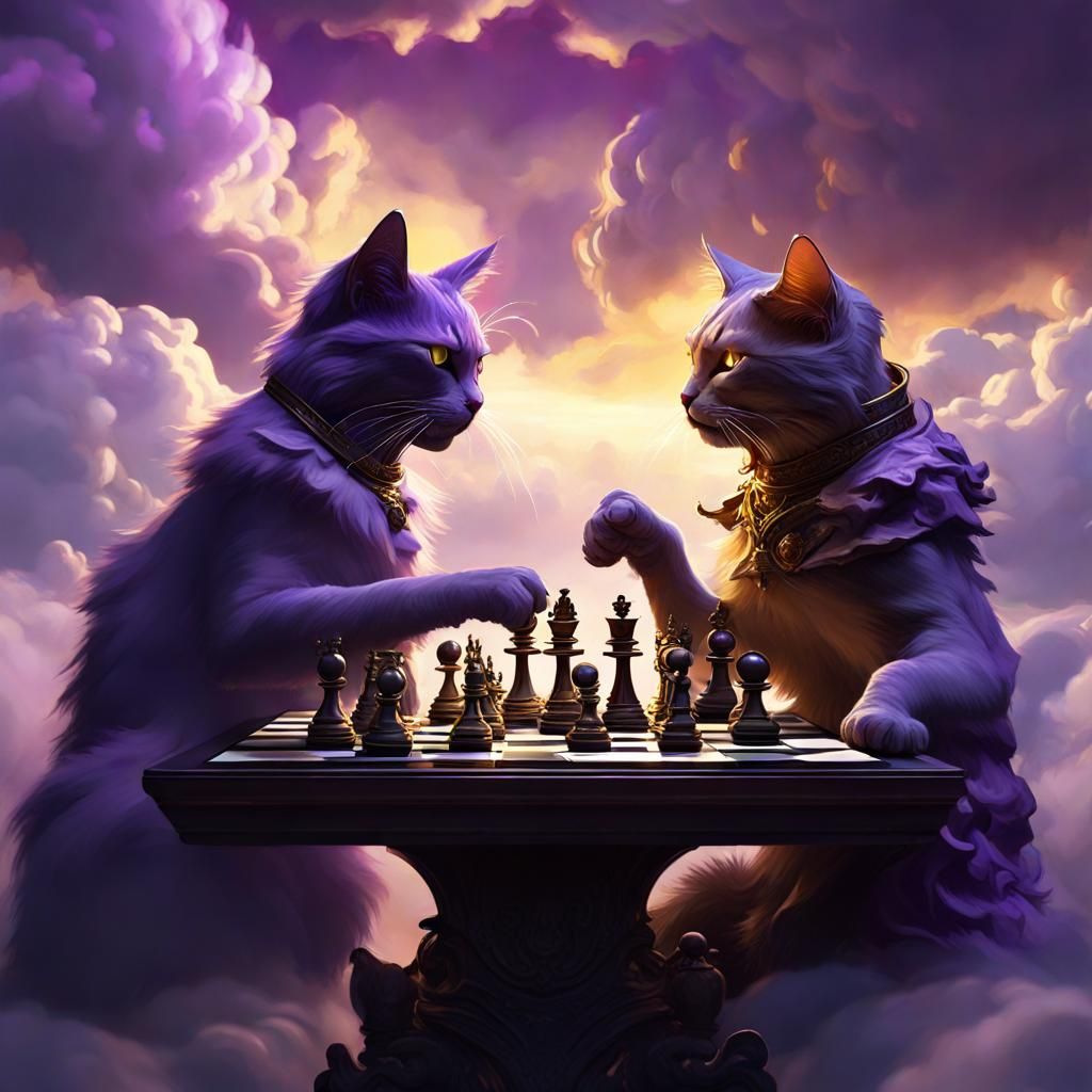 Cats Play Chess in Clouds: Dark Fantasy Art
