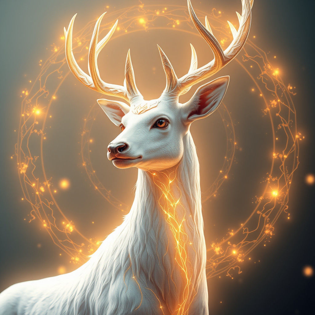 Ethereal White Buck with Gold Aura in Anime Style