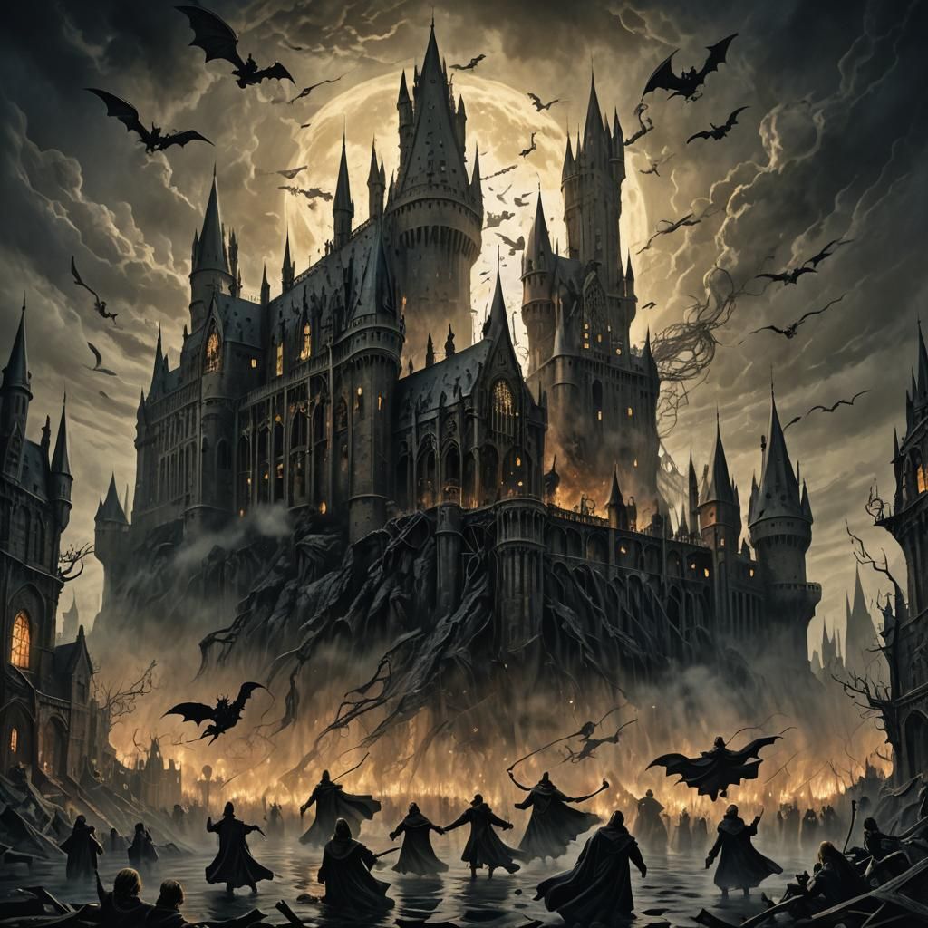 Mangled Bodies Float Above Gothic Castle in Dark Fantasy