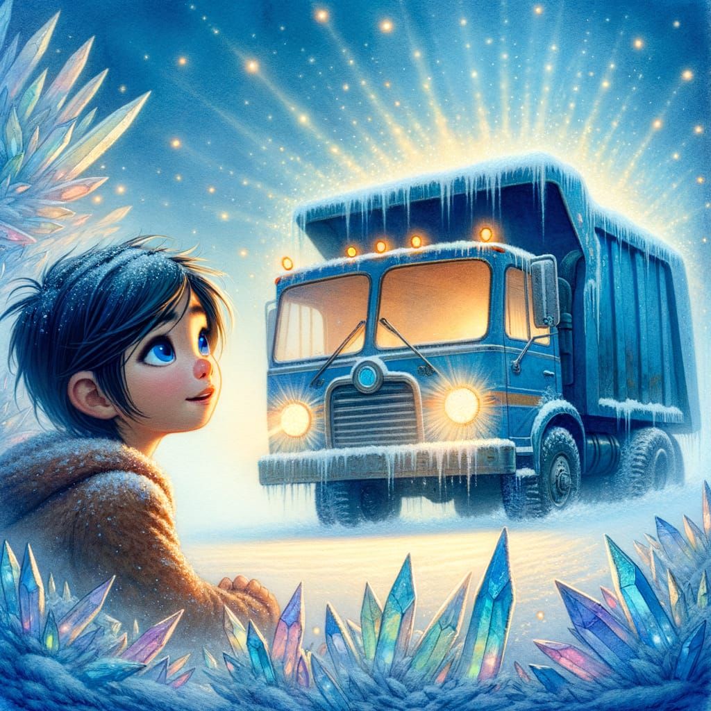 Magical Blue Snow Truck Emerges Smiling from Drift