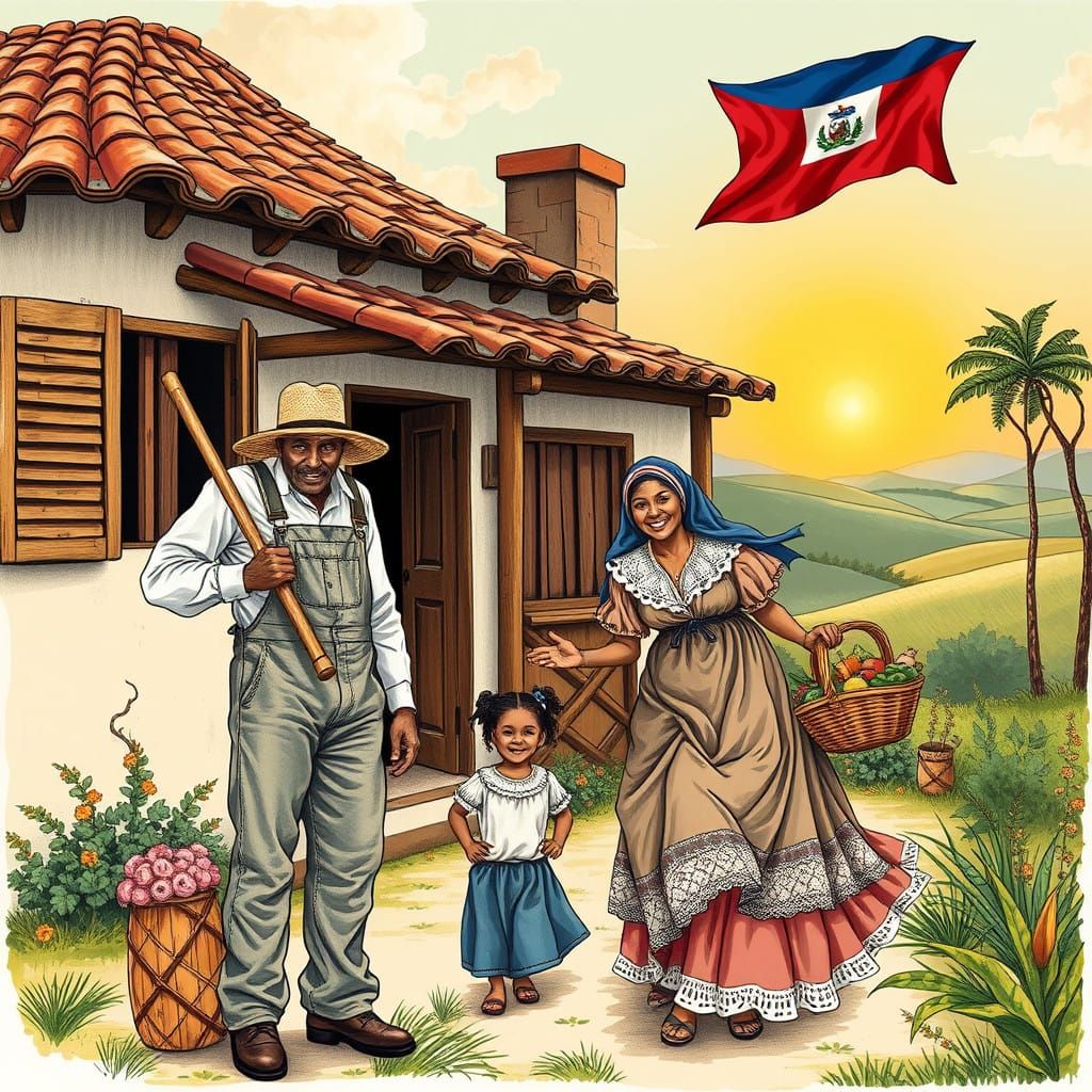 Joyful Haitian Family in 19th Century Colonial Setting, as H...