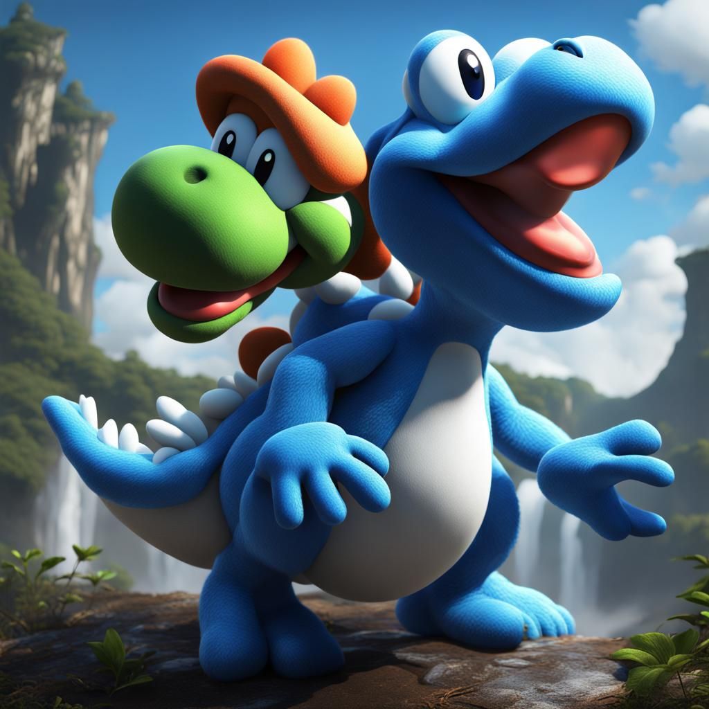 Yoshi and Blue Yoshi in Detailed Matte Painting